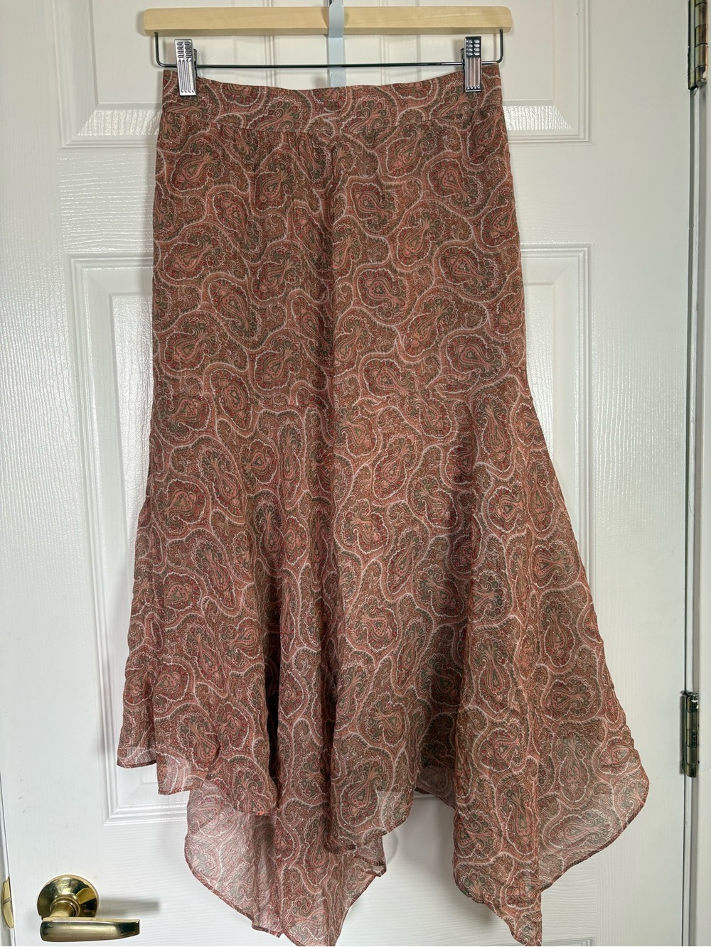 The Kooples Paisley Asymmetrical Flounce Skirt in Dusty Rose